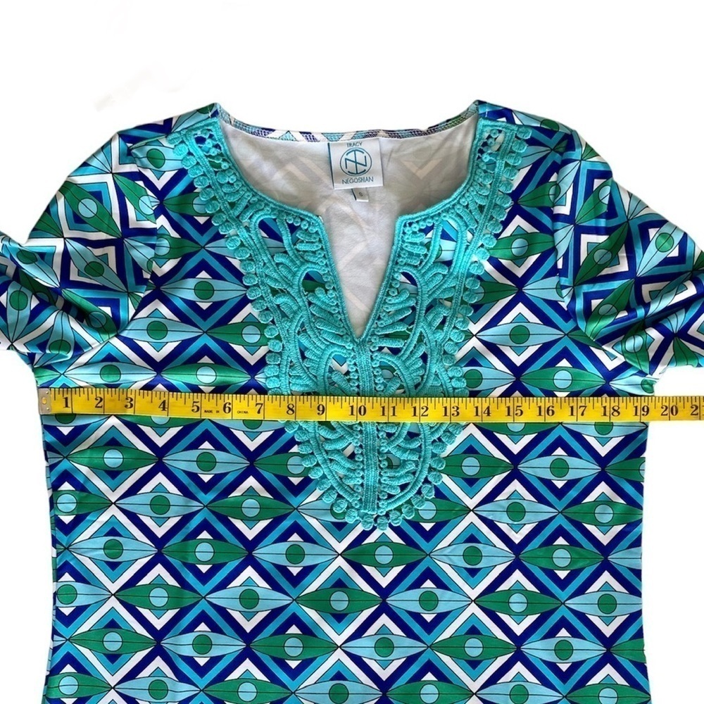 TRACEY NEGOSHIAN Shift Dress Embroidered V Neck Geometric Blue Green Women S - Picture 6 of 10